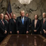Diplomats gather around a large table with shocked faces and a faded American flag hanging in the background