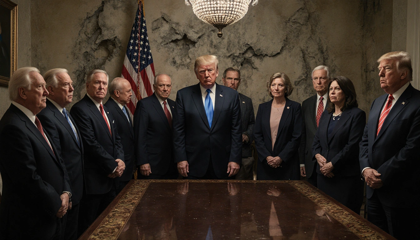 Diplomats gather around a large table with shocked faces and a faded American flag hanging in the background