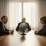 Three diplomats discussing at wooden table with globe under bright Miami style light in a tense global meeting