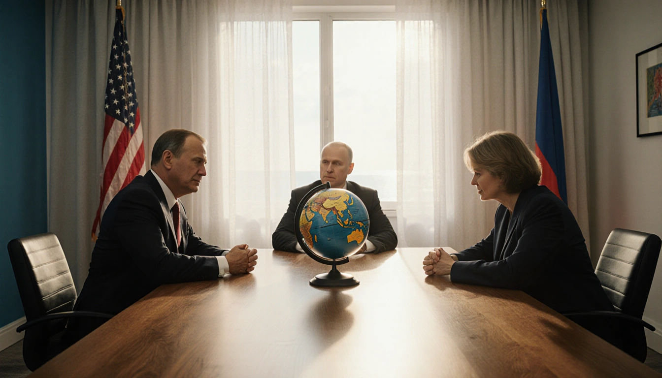 Three diplomats discussing at wooden table with globe under bright Miami style light in a tense global meeting