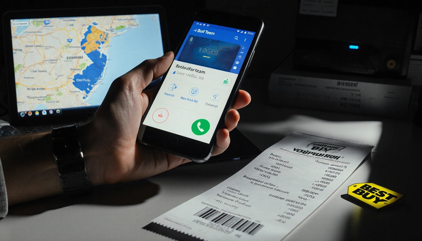 Person holding phone making suspicious call with disguised caller ID and casual attire near a dimly lit desk with a gift card