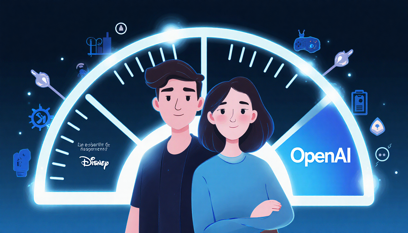 Two figures from Disney and OpenAI stand together with glowing trust meter showing user safety and trust measures