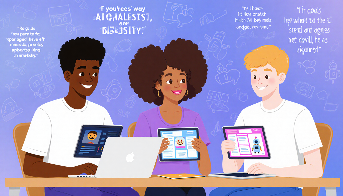 Diverse teen group sits in study space with laptops and tablets showing AI chatbot screens with emotive expressions and tech