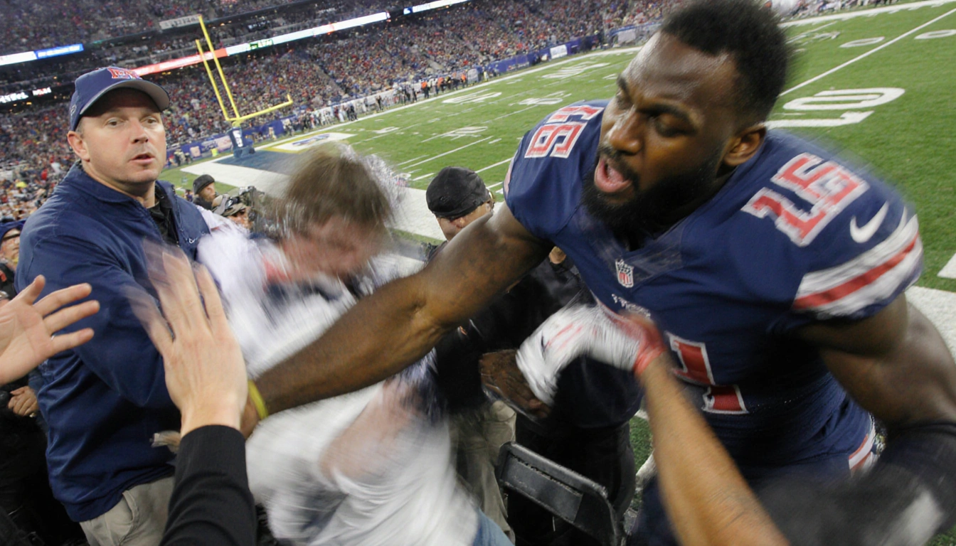 DK Metcalf swings at fan's arm with motion blur and a teammate intervenes in the background