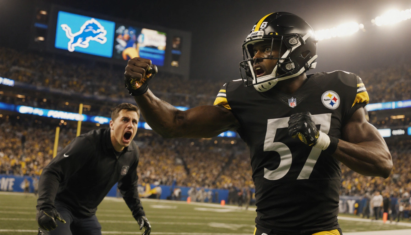 DK Metcalf swinging arm outstretched with fan stumbling back shocked football stadium light