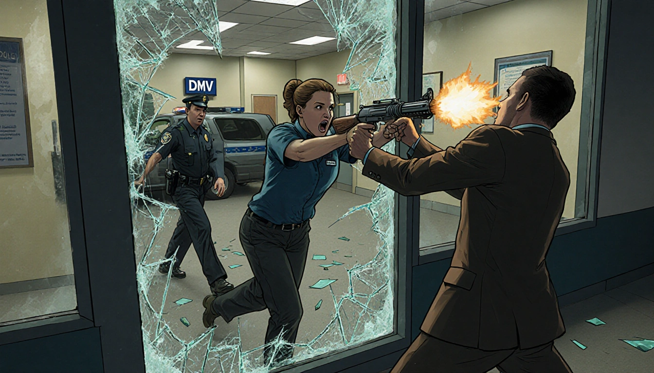 DMV employee being shoved by Snook with Rose firing through window and shattered glass in background and police reflection