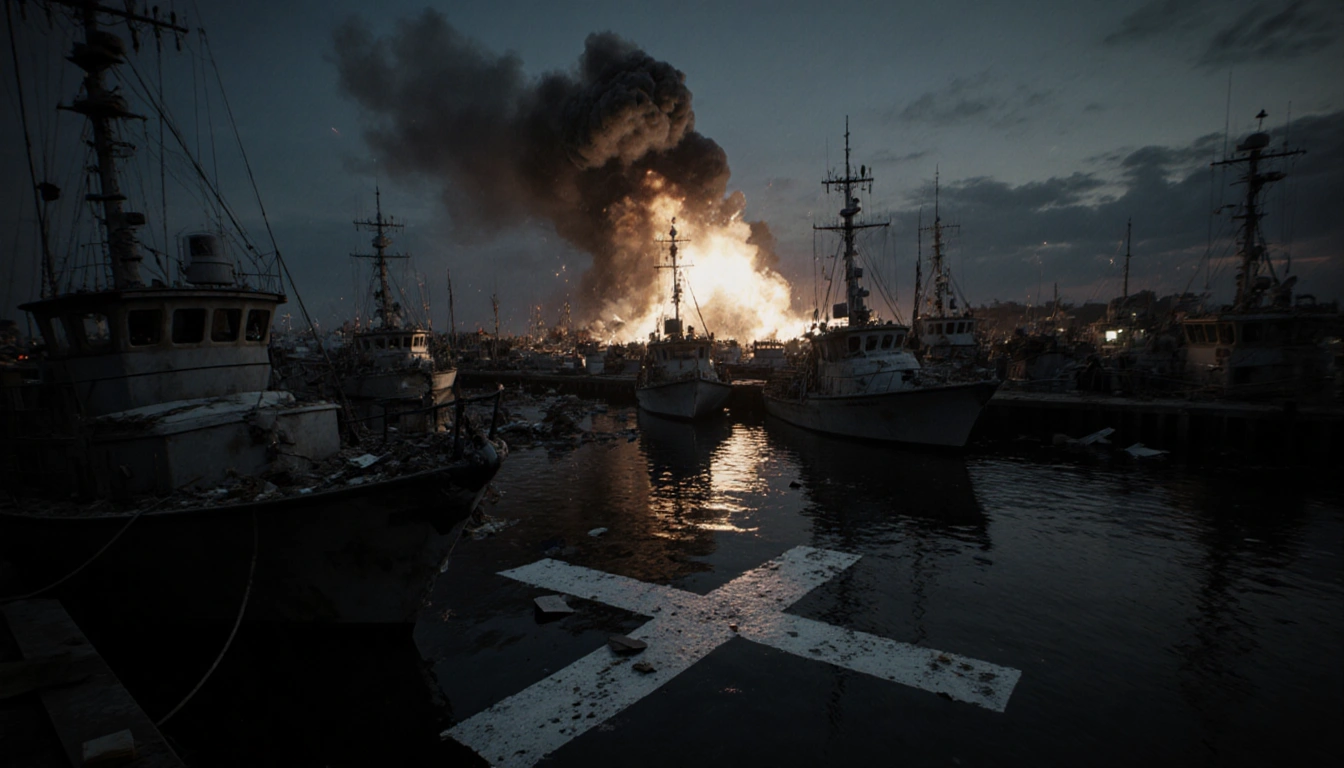 Boat partially submerged displaying debris and wreckage with smoky explosion backdrop and marked X near dock