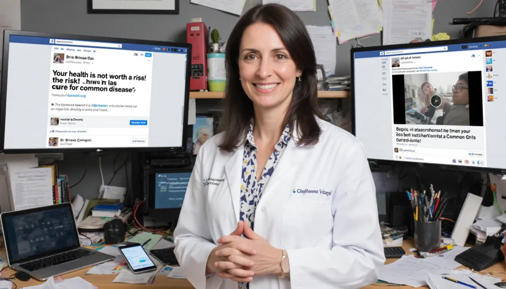 Dr. Briana Calcagno-Davi stands with hands clasped and concerned at a messy desk with screens showing health misinformation