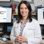 Dr. Briana Calcagno-Davi stands with hands clasped and concerned at a messy desk with screens showing health misinformation