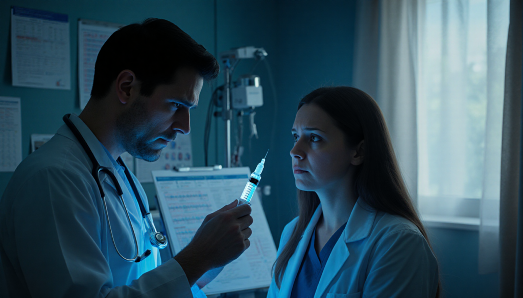 Concerned doctor holding vaccine syringe with hesitant mother looking uncertain near medical charts in dim hospital room