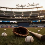 Baseball glove lies on grass with scattered balls and a worn bat under golden light