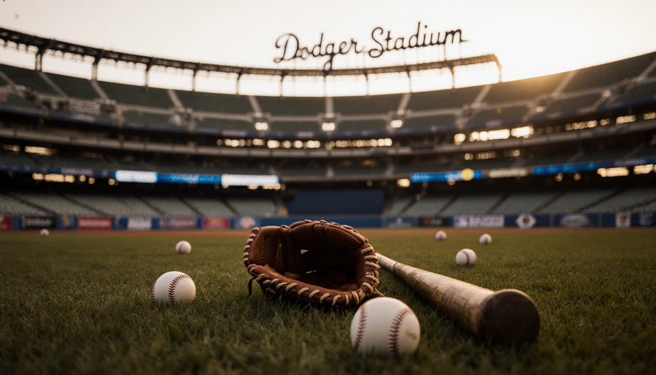 Baseball glove lies on grass with scattered balls and a worn bat under golden light