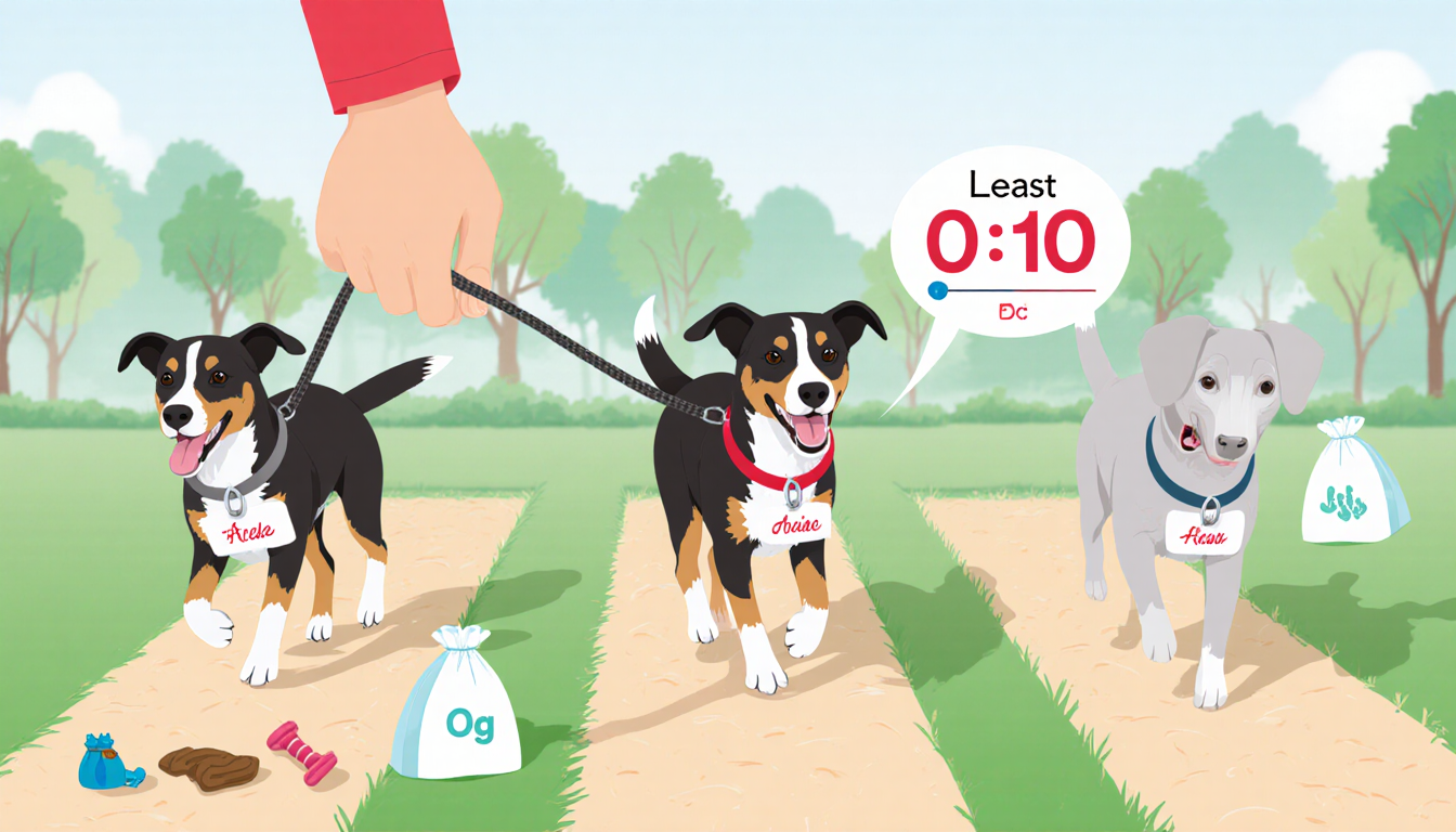 Person walking two dogs on a leash with collars training in a park marked by a timer and poop bags and toys nearby
