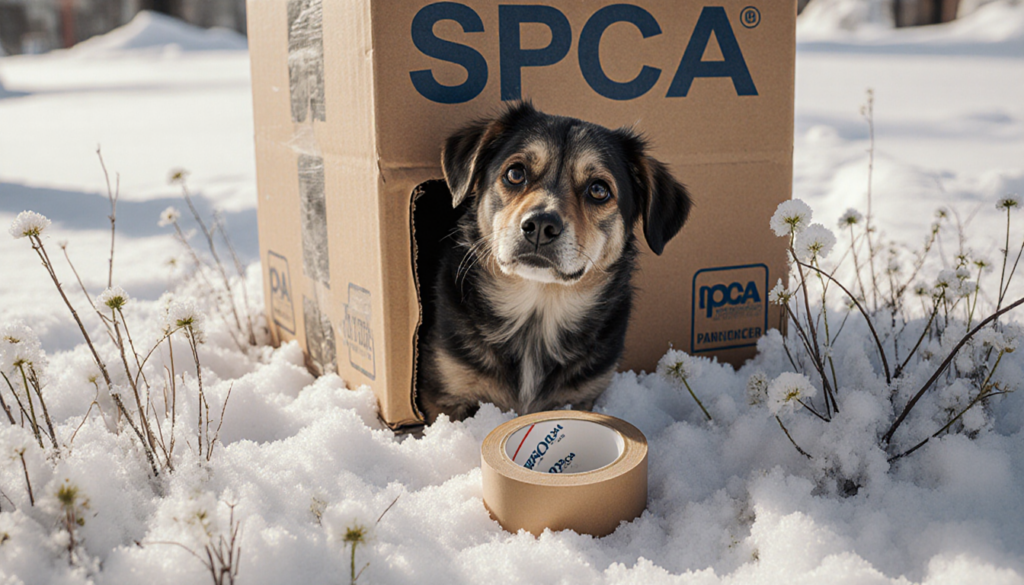 Bedraggled dog peeks from box on a snowy sidewalk with Pennsylvania SPCA logo in background and crumpled tape on ground