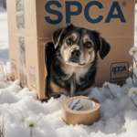 Bedraggled dog peeks from box on a snowy sidewalk with Pennsylvania SPCA logo in background and crumpled tape on ground