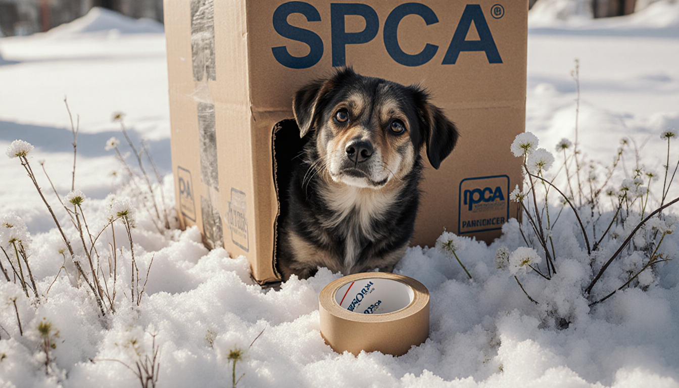 Bedraggled dog peeks from box on a snowy sidewalk with Pennsylvania SPCA logo in background and crumpled tape on ground