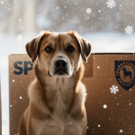 Dog Tangi sits in front of an ajar box with the SPCA logo as snowflakes fall around her in a winter landscape.