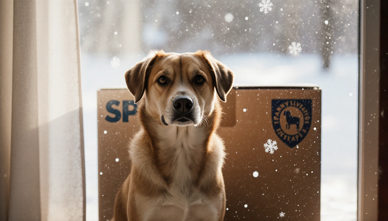 Dog Tangi sits in front of an ajar box with the SPCA logo as snowflakes fall around her in a winter landscape.
