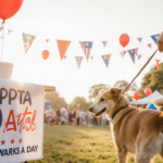 Dog walking on leash held by hand with Delaware wristband near a Delaware Day festival with red white blue balloons