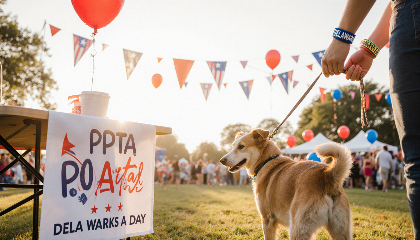Dog walking on leash held by hand with Delaware wristband near a Delaware Day festival with red white blue balloons