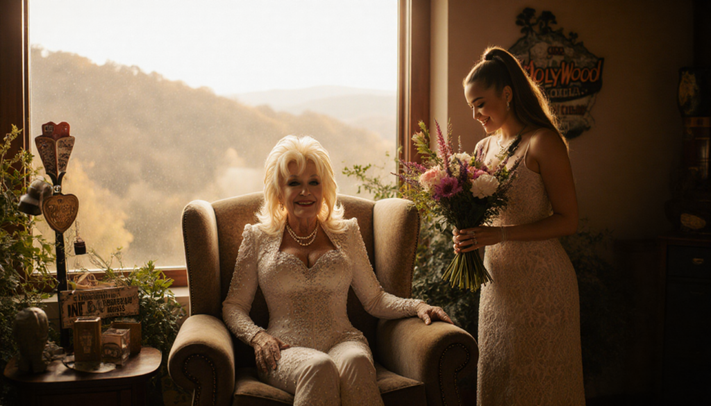 Dolly Parton sitting on a plush armchair with Miley Cyrus holding a bouquet beside her against a Tennessee backdrop