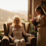 Dolly Parton sitting on a plush armchair with Miley Cyrus holding a bouquet beside her against a Tennessee backdrop