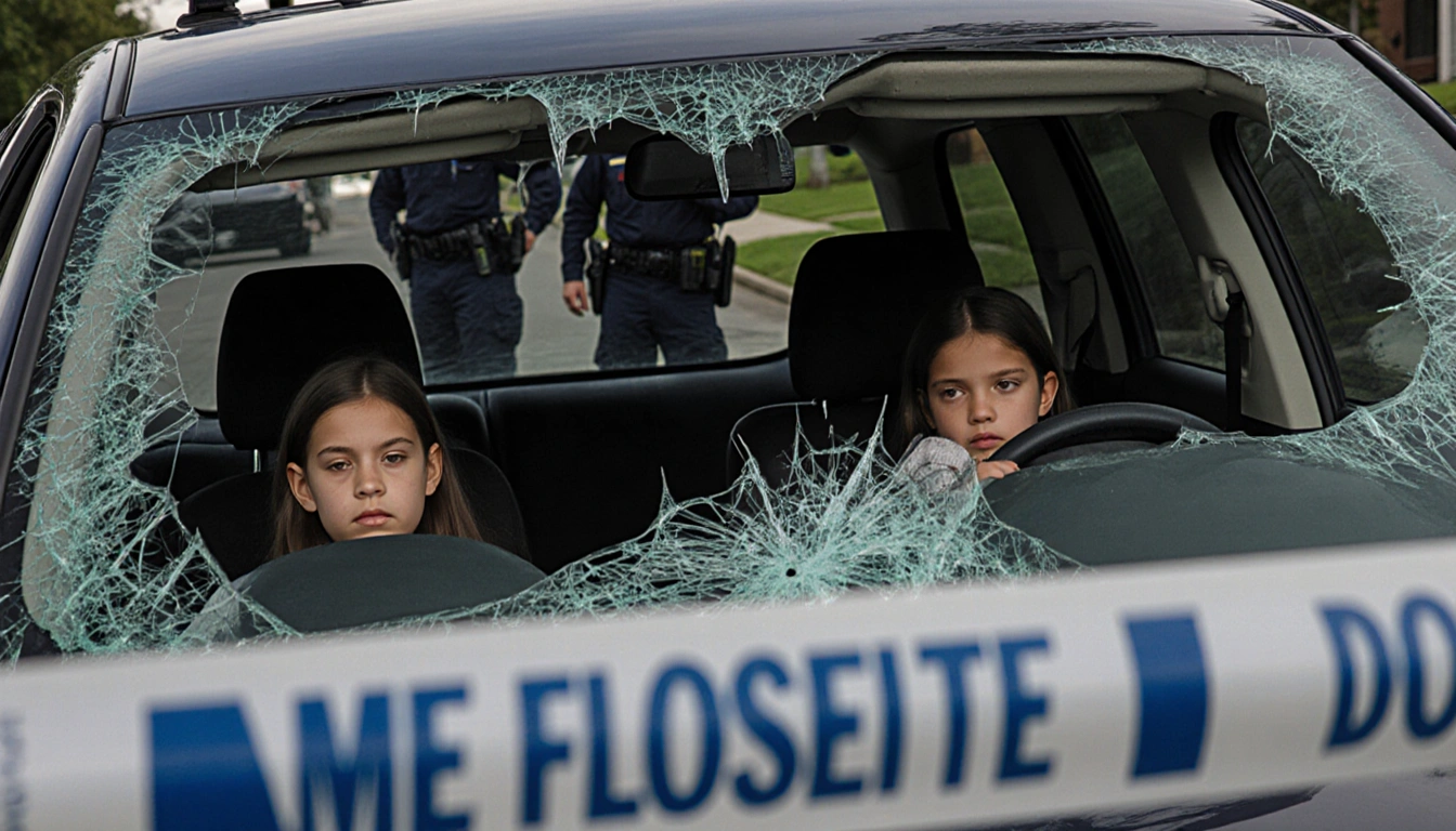 Woman lies beside car with broken windshield reflecting street while officers watch and two children sit in back seat.