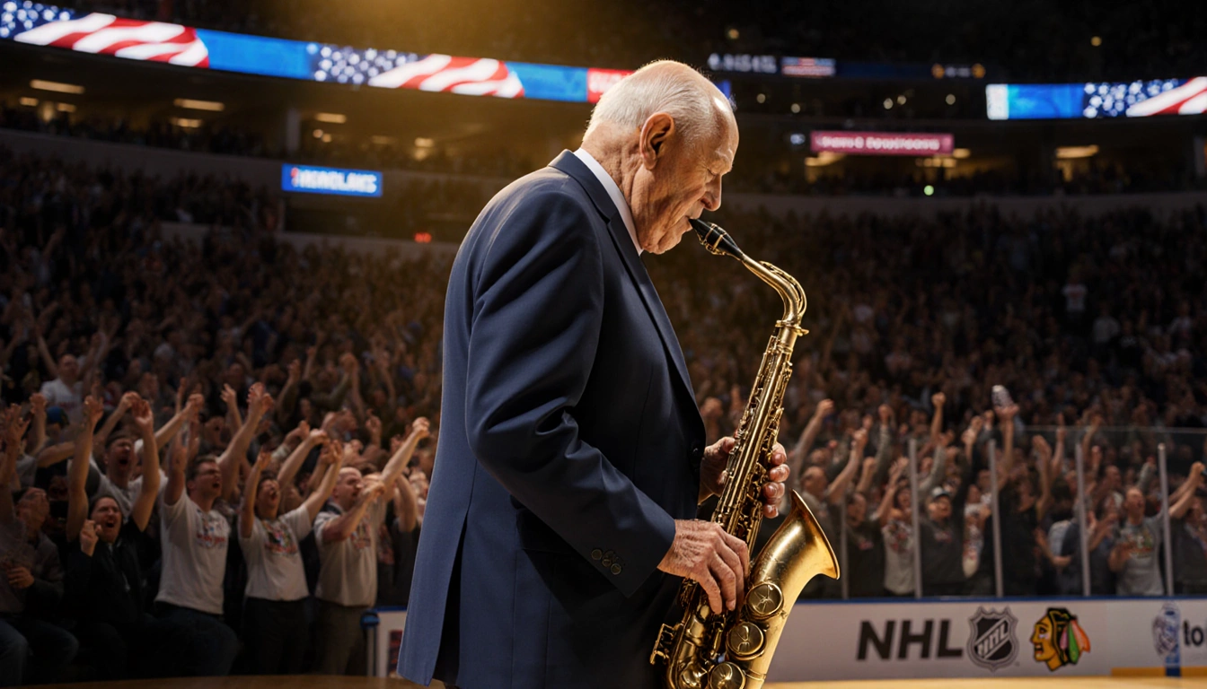 Veteran Dominick Critelli holding a saxophone with stage lights and fans waving the American flag.