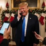Donald Trump laughing with reporters while holding a phone and children look up excitedly with holiday garlands at Mar-a-Lago