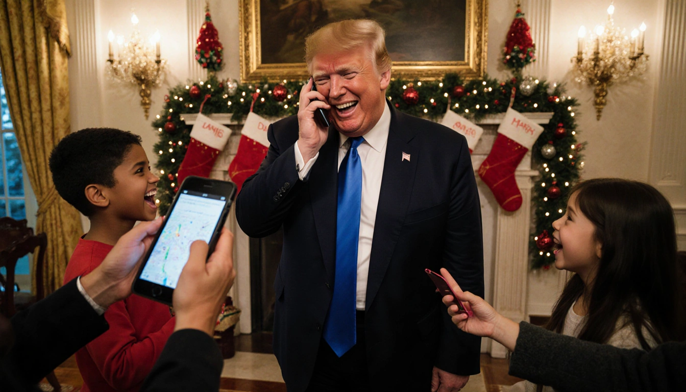 Donald Trump laughing with reporters while holding a phone and children look up excitedly with holiday garlands at Mar-a-Lago