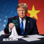 Trump standing at podium holding H200 AI chip with cloth near flag and docs with Chinese characters.