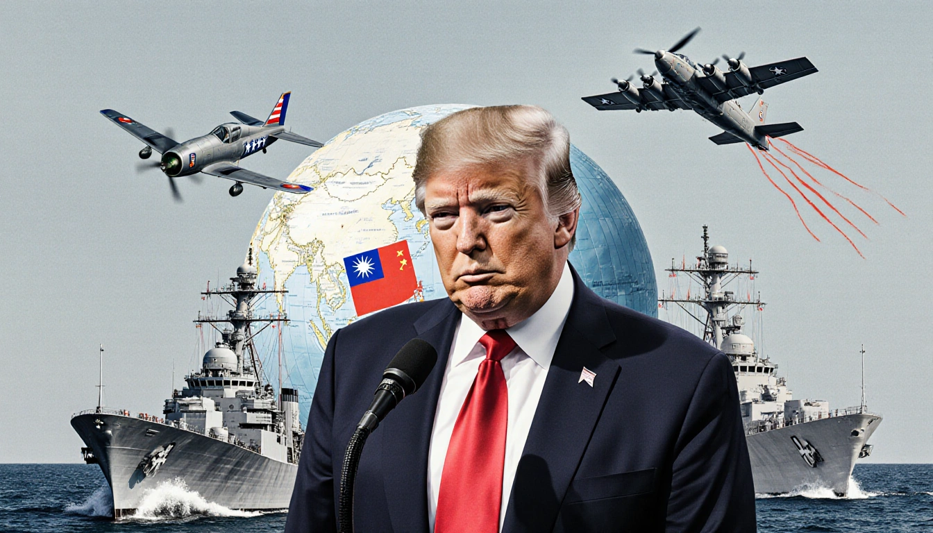 Donald Trump standing before a map highlighting Taiwan with naval ships and aircraft ready in background