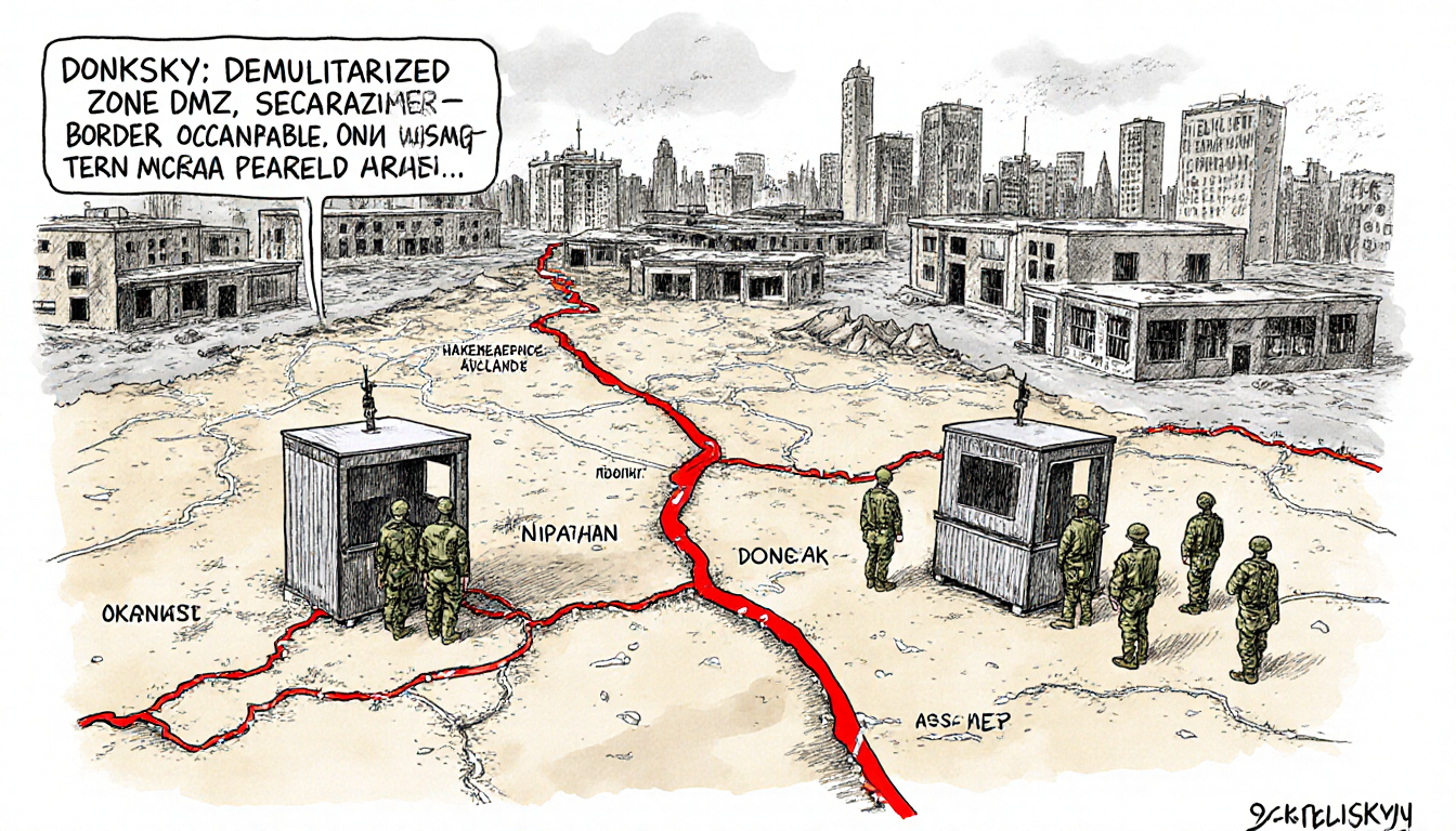 Ukrainian troops stand at booth with a red line marking Donetsk's demilitarized zone while Russian troops wait behind booth.