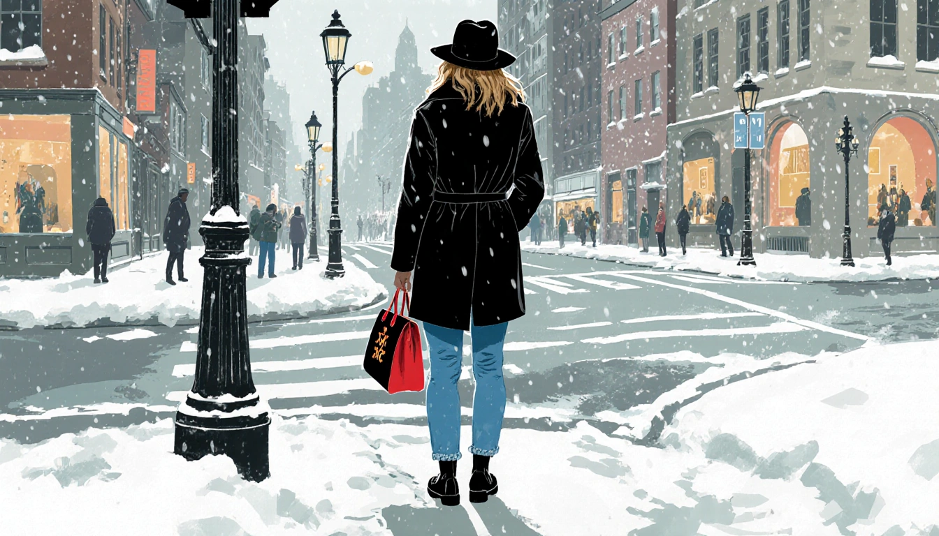 Donna Moonah standing with back to viewer holding a red and black bookbag in a muted winter Philadelphia city backdrop