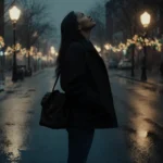 Donna Moonah looking up at dusk city lights with a bookbag on her shoulder and wet pavement glow in Philadelphia