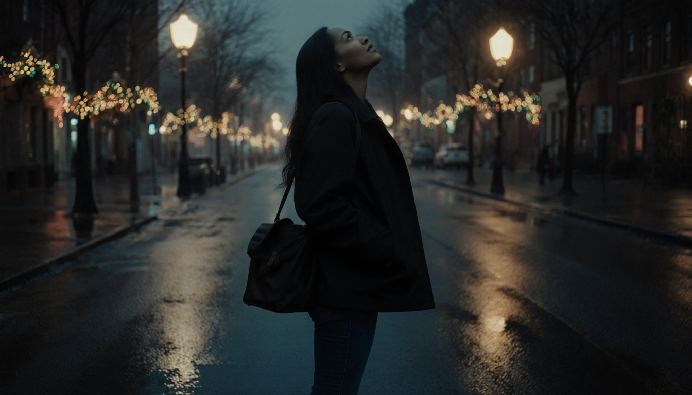 Donna Moonah looking up at dusk city lights with a bookbag on her shoulder and wet pavement glow in Philadelphia