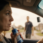 DoorDash driver doing stand-off with pepper spray in hand.