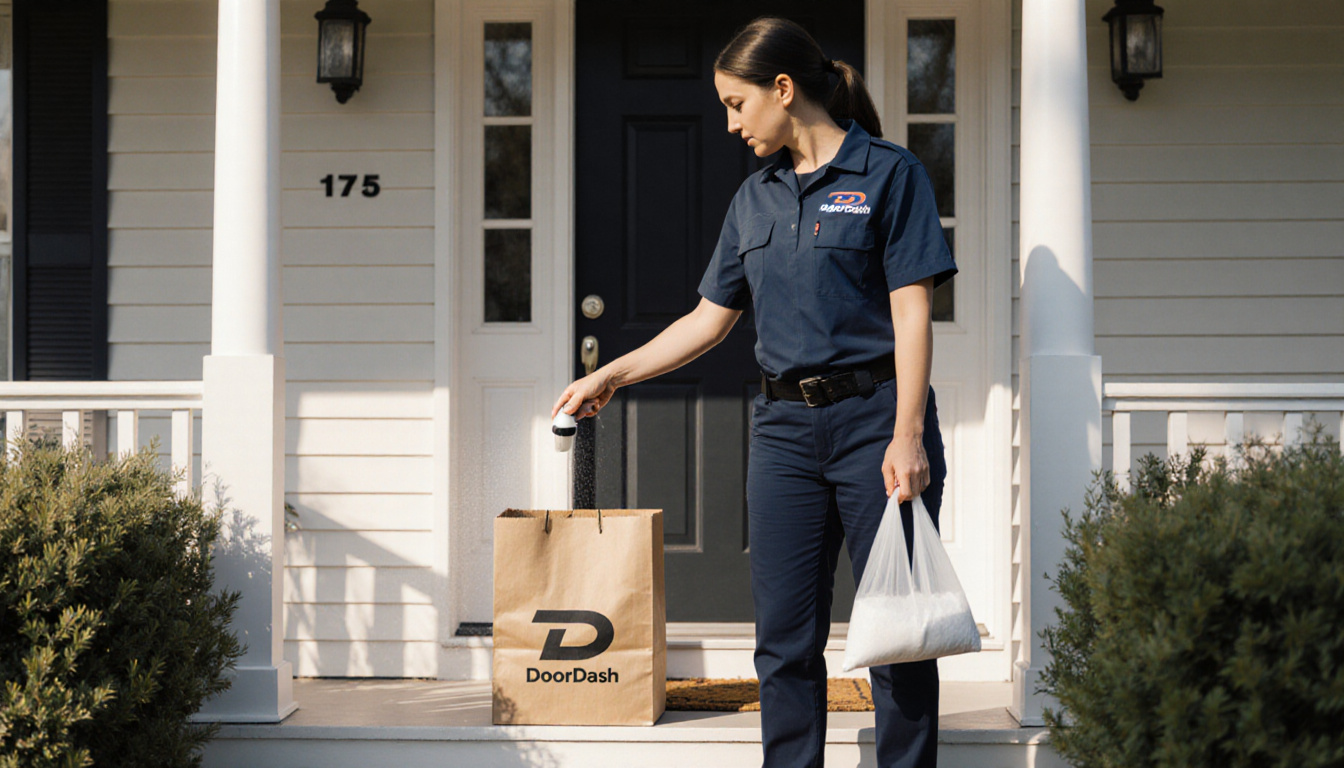 DoorDash driver spraying onto delivery bag with porch and door in background.