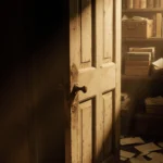 A worn wooden door opens slightly revealing dusty boxes and old textbooks with golden light spilling and long shadows.