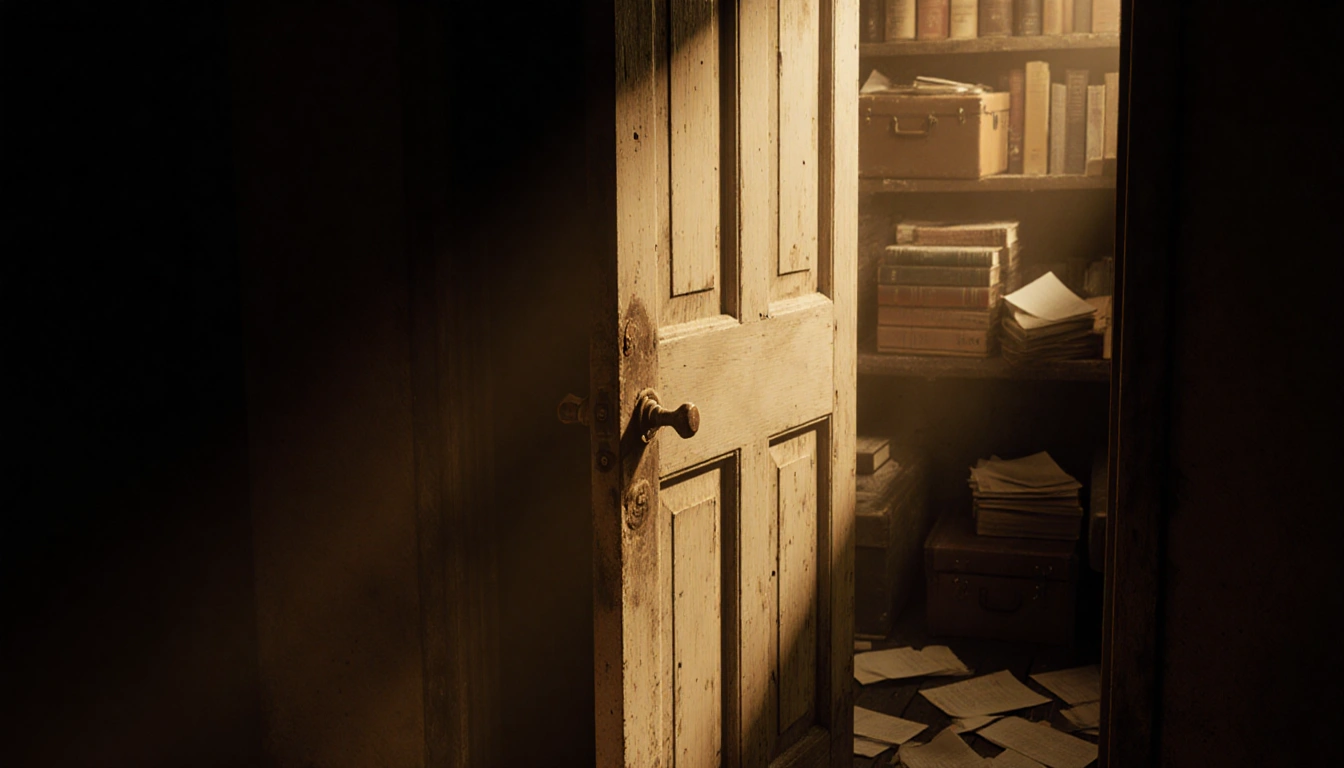 A worn wooden door opens slightly revealing dusty boxes and old textbooks with golden light spilling and long shadows.