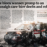 Police officer pointing gun with evidence tape and flashing lights at double shooting scene