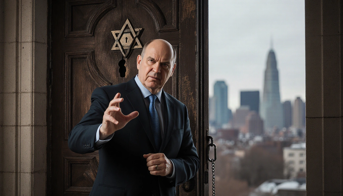 Dr. Andrew Goretsky facing a door with a Jewish Star pattern and a chained keyhole against city skyline opposing antisemitism