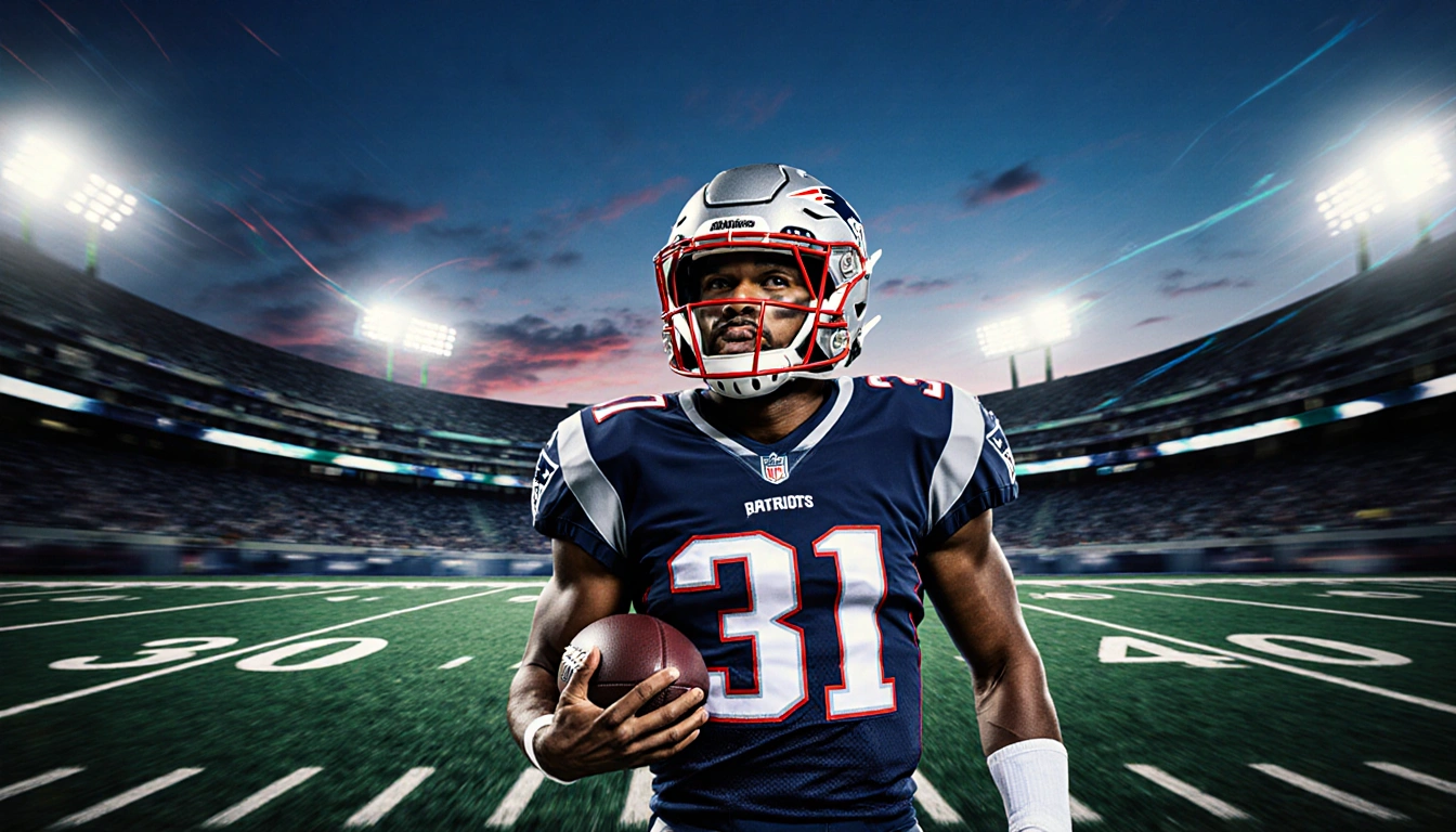Drake Maye stands holding a football in a Patriots jersey against a dusk stadium backdrop with a grid of 31-44 completions
