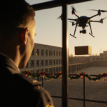 Guard watching package descend from drone hovering above prison yard with Christmas lights glimmering behind bars.