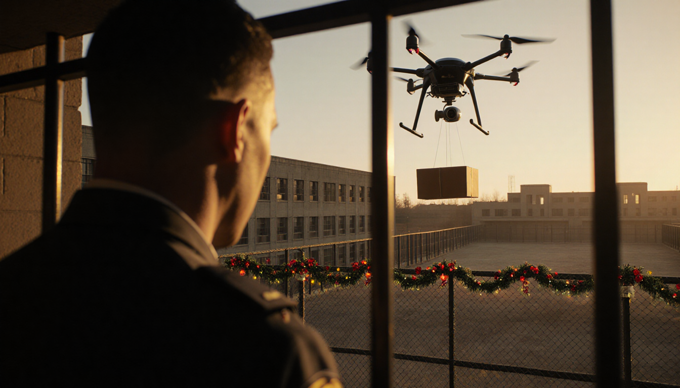 Guard watching package descend from drone hovering above prison yard with Christmas lights glimmering behind bars.