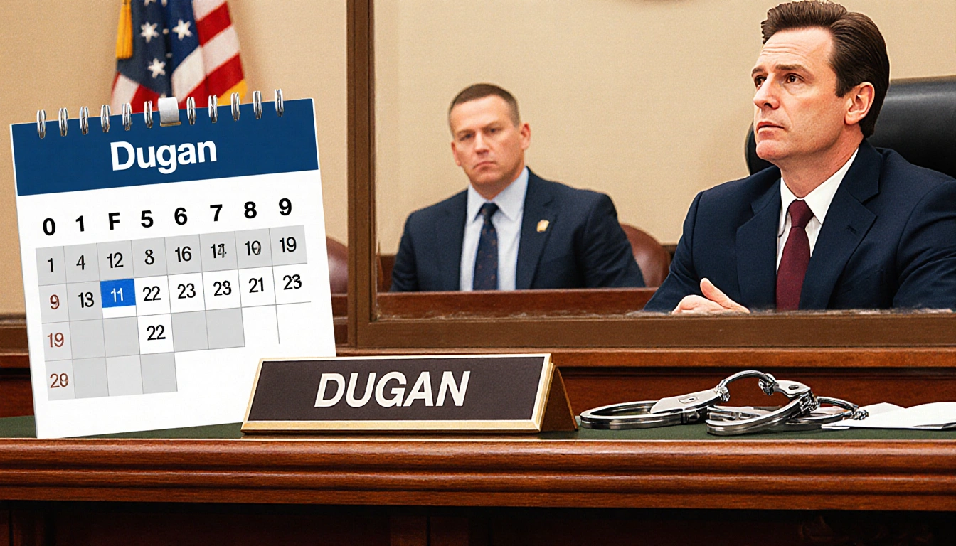 Judge's desk shows Dugan's nameplate and sentence calendar 0-5 years with blurred federal agents outside window and faint han