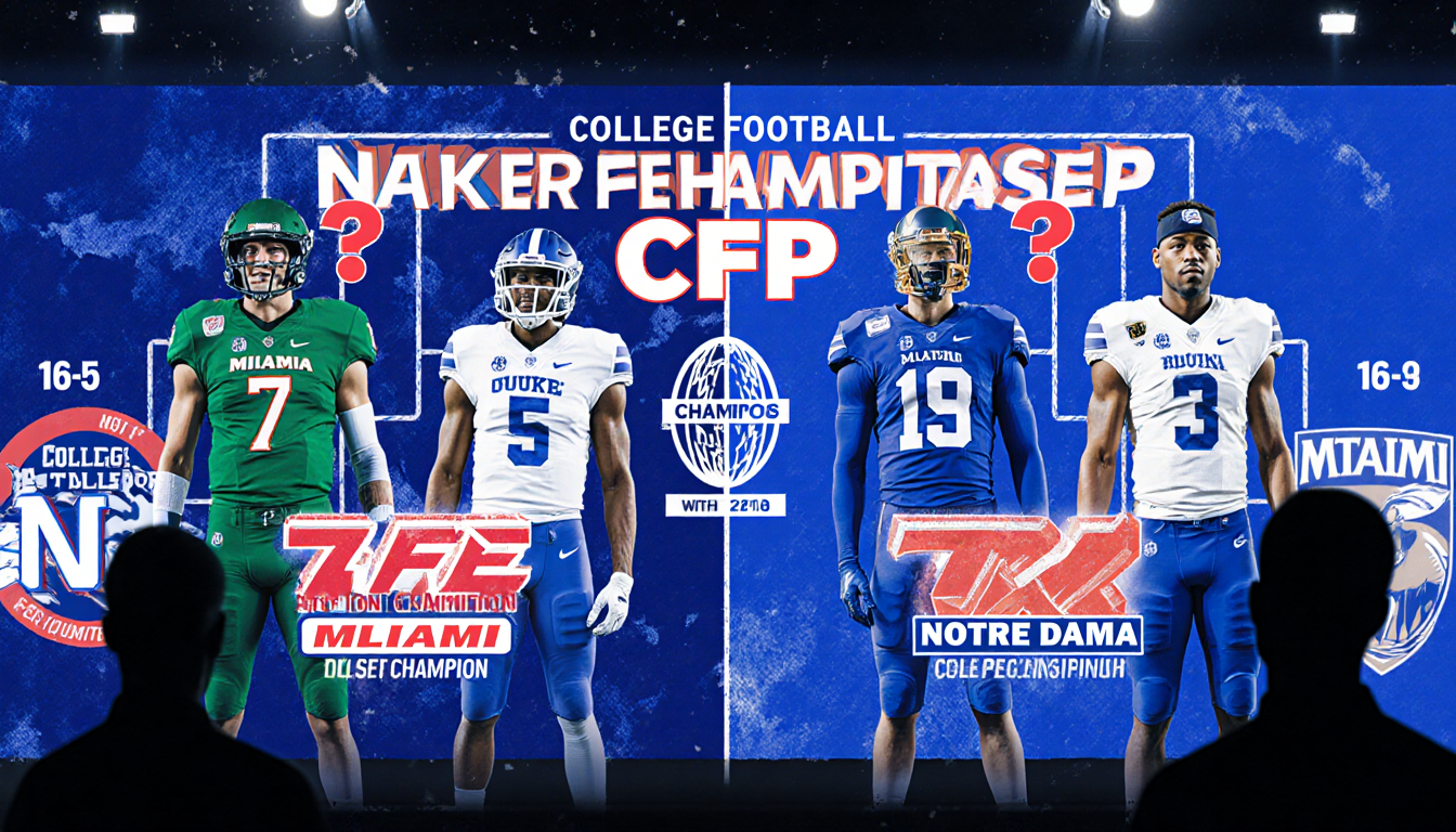 Split-screen graphic comparing Duke, Miami, Notre Dame records with graphics highlighting the CFP decision and ACC controvers