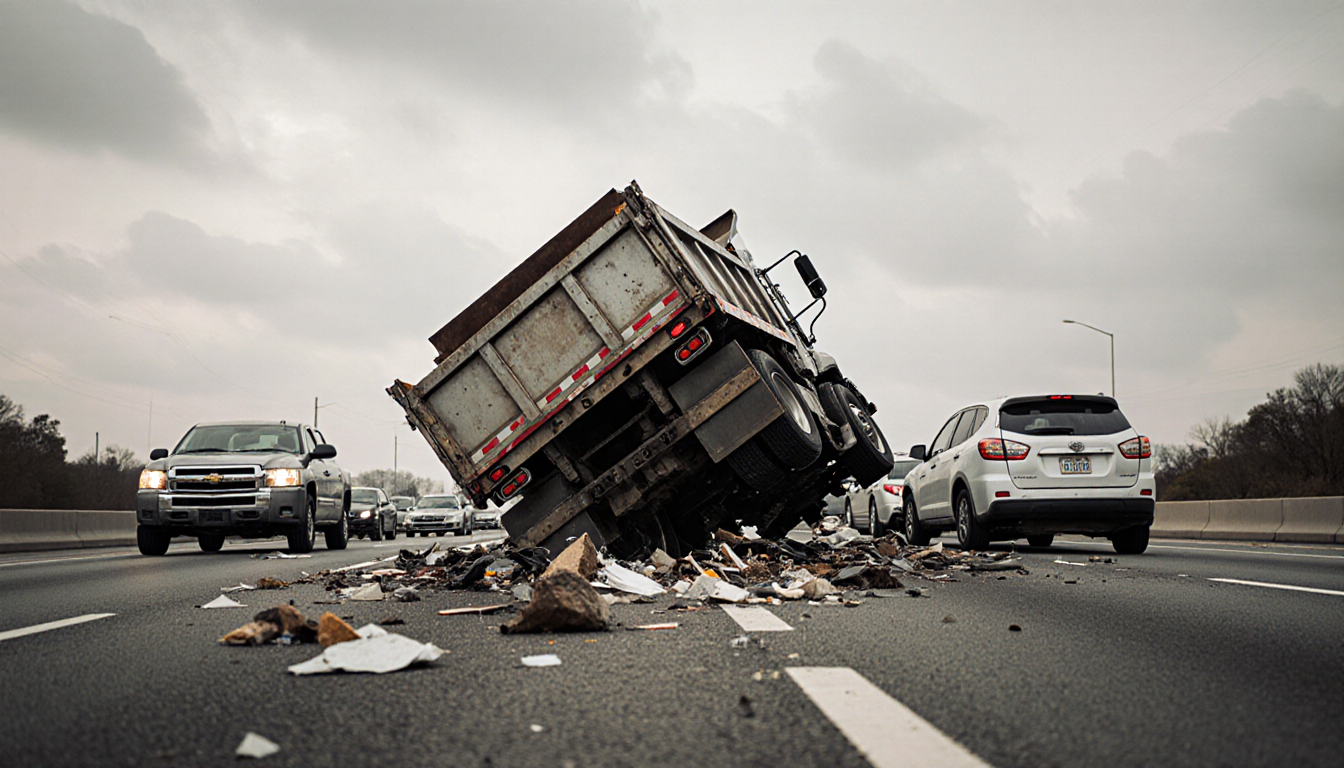 Dump truck lying on its side with damaged vehicles around and debris scattered across the road