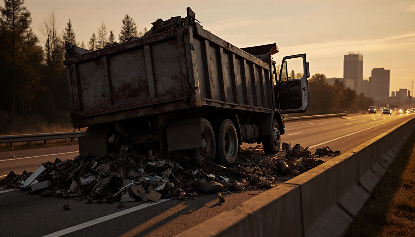 Dump truck overturning on I‑76 with cargo scattered across highway and median illuminated by golden hour light