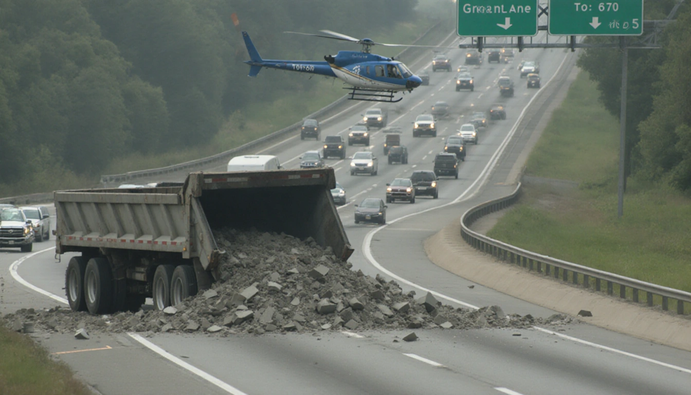 Dump truck spilling debris onto exit ramp with SkyForce10 helicopter overhead and westbound traffic blurred